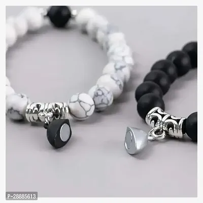 Shree Jutrade; Exclusive Trendy and Stylish Black  White Magnetic Heart Couple Bracelets Beaded Stone Onyx Stretchable Wrist Band Gift Jewellery For Men Women Unisex-thumb2