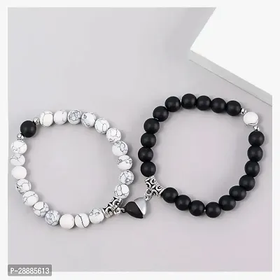 Shree Jutrade; Exclusive Trendy and Stylish Black  White Magnetic Heart Couple Bracelets Beaded Stone Onyx Stretchable Wrist Band Gift Jewellery For Men Women Unisex-thumb4