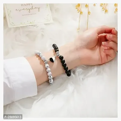 Shree Jutrade; Exclusive Trendy and Stylish Black  White Magnetic Heart Couple Bracelets Beaded Stone Onyx Stretchable Wrist Band Gift Jewellery For Men Women Unisex-thumb5