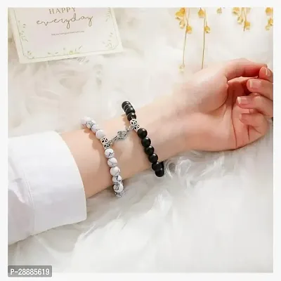 Shree Jutrade; Exclusive Trendy and Stylish Black  White Magnetic Holding Hands Couple Bracelets Beaded Stone Onyx Stretchable Wrist Band Gift Jewellery For Men Women Unisex-thumb2