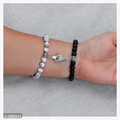 Shree Jutrade; Exclusive Trendy and Stylish Black  White Magnetic Holding Hands Couple Bracelets Beaded Stone Onyx Stretchable Wrist Band Gift Jewellery For Men Women Unisex-thumb5