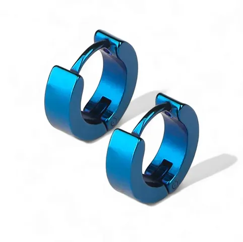 Shree Jutrade; Trending Blue Huggie Hinged Hoop Studs Earrings Stainless Steel Bali Fashion Jewellery For Men Women Boys Girls Unisex