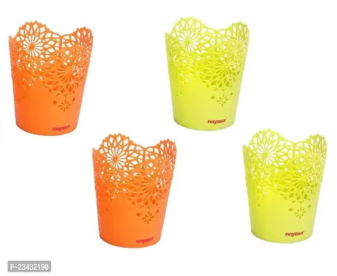 NAYASA Lacy 4 Piece Plastic Tall Basket Set for Tableware/Kitchen Cutlary/Stationary Set (Orange  Green)