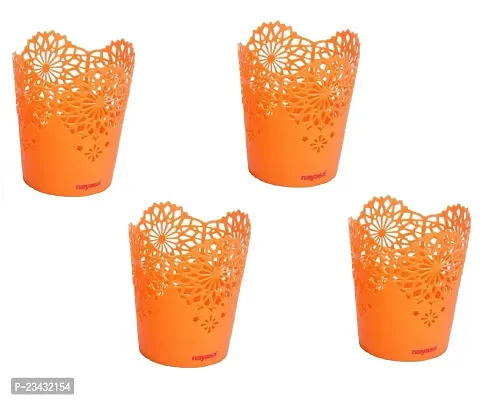 NAYASA Lacy 4 Piece Plastic Tall Basket Set for Tableware/Kitchen Cutlary/Stationary Set (Orange)-thumb0