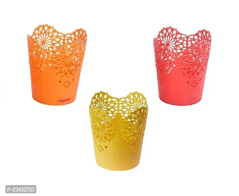 NAYASA Lacy 3 Piece Plastic Tall Basket Set for Tableware/Kitchen Cutlary/Stationary Set (RED  Orange  Yellow)