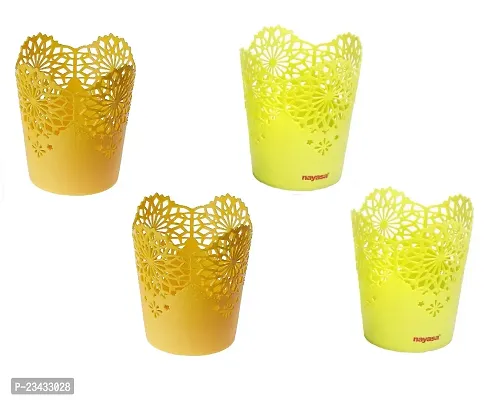 NAYASA Lacy 4 Piece Plastic Tall Basket Set for Tableware/Kitchen Cutlary/Stationary Set (Green  Yellow)