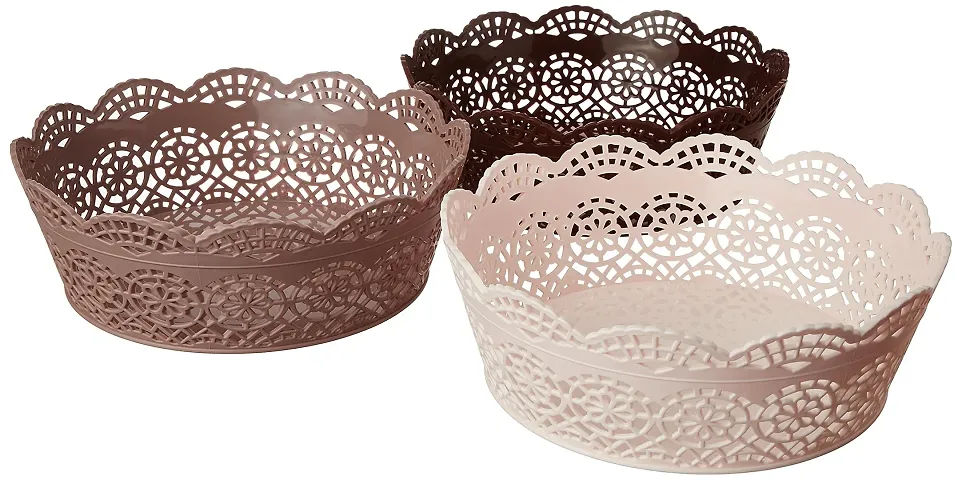 Nayasa Lacy Plastic Round 3 Piece Basket Set, Beige, Peach and Chocolate