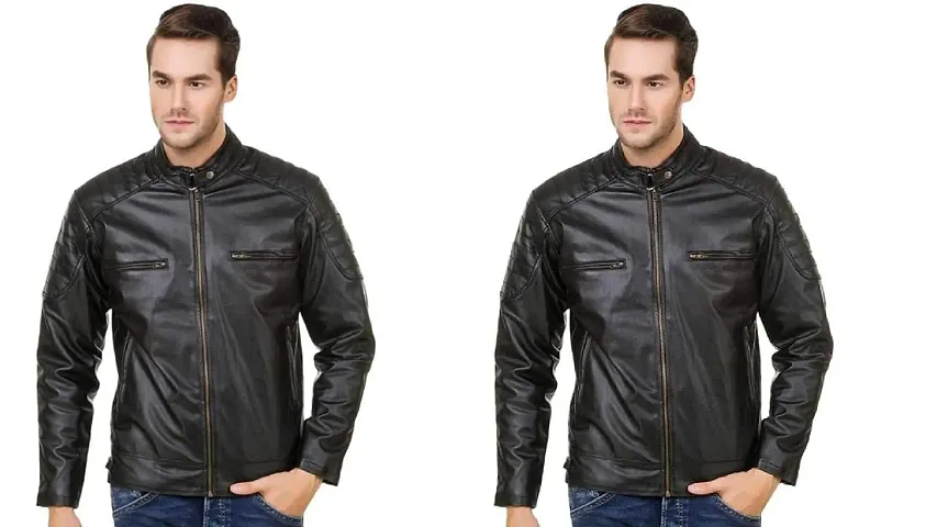 Garmadian Black Casual Pu Leather Jacket for Men Pack Of 2