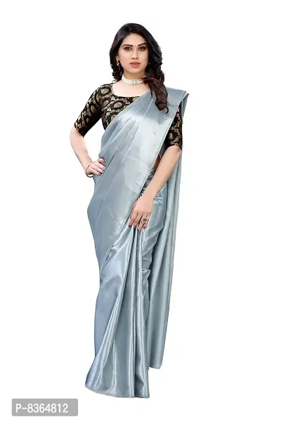 FABMORA Women's Plain Weave Satin Silk Saree with Blouse Piece (ST-MATKA-GREY_Grey)