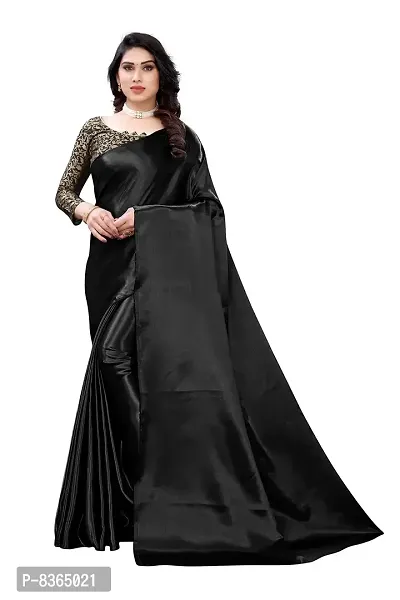 FABMORA Women's Woven Satin Saree With Blouse Piece (SAATIN-SAREE-BLACK_Black)