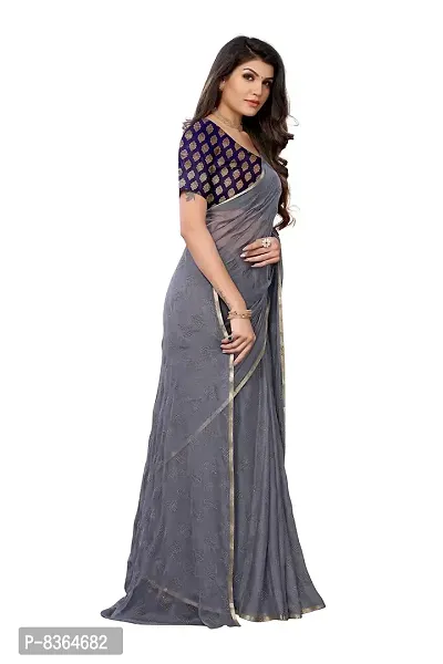 Fabmora Women's Beaded Foil Printed Chiffon Saree With Jacquard Blouse Piece (GREY)-thumb3