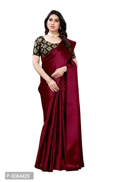 FABMORA Women's Plain Weave Satin Silk Saree With Blouse Piece (SATIN_SQUARE_MAROON_Maroon)