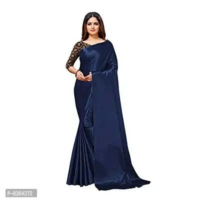 FABMORA Women's Plain Weave Satin Silk Saree With Blouse Piece (SATIN_MATKA_PARENT_Navy Blue)
