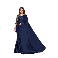 FABMORA Women's Plain Weave Satin Silk Saree With Blouse Piece (SATIN_MATKA_PARENT_Navy Blue)-thumb1
