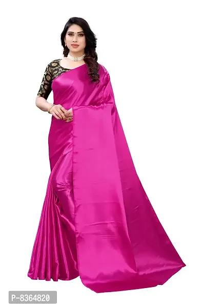 FABMORA Women's Plain Weave Satin Silk Saree With Blouse Piece (ST-MATKA-RANI_Pink, Rani)