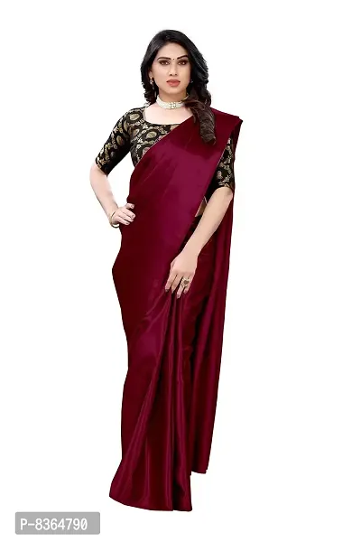FABMORA Women's Plain Weave Satin Silk Saree with Blouse Piece (ST-MATKA-MAROON_Maroon)