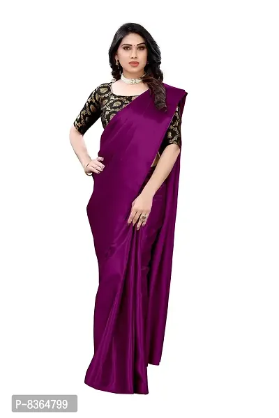 FABMORA Women's Plain Weave Satin Silk Saree With Unstiched Blouse Piece (ST-MATKA-WINE_Wine)
