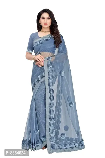 FABMORA Plain Weave Embroidered Net Saree-thumb0