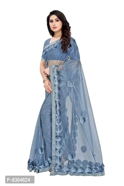 FABMORA Plain Weave Embroidered Net Saree-thumb2