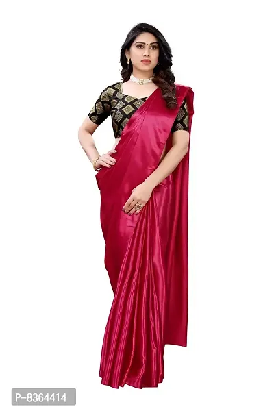 FABMORA Women's Plain Weave Satin Silk Saree With Blouse Piece (SATIN_SQUARE_CHERRY_Cherry)-thumb0