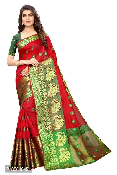 FABMORA Women's Banarasi Cotton Blend Saree With Blouse Piece (KERI_MOOR_RED_Red)-thumb0