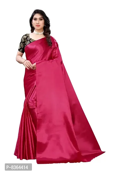 FABMORA Women's Plain Weave Satin Silk Saree With Blouse Piece (SATIN_SQUARE_CHERRY_Cherry)-thumb2