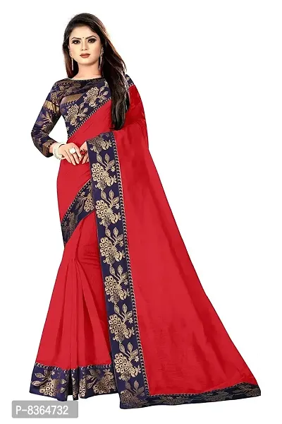 FABMORA Women's Pure Cotton Slik Plain Weave Traditional Sarees (Red)