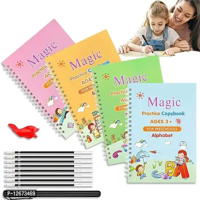 Magic Practice Copybook, Number Tracing Book for Preschoolers with Pen, Magic Calligraphy Copybook Set Practical Reusable Writing Tool Simple Hand Lettering (4 BOOK + 10 REFILL+ Pen a