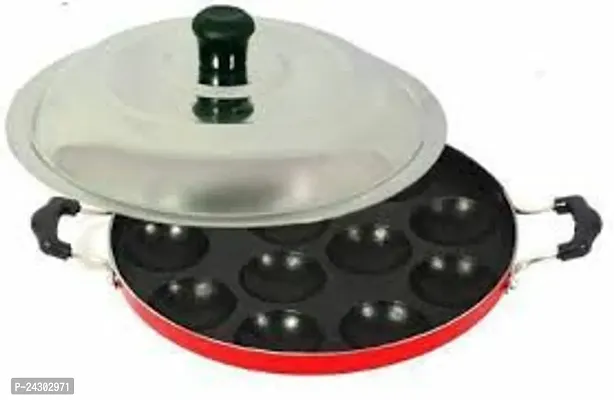 BIGWIN 12Cavities Non Stick Appam Patra with Lid and Side Handle/AppamPan/AppamMaker/PanCake/idali Maker/idliPankadai/litti maker/Pancake/Paniarakkal 1L capacity 21cm diameter