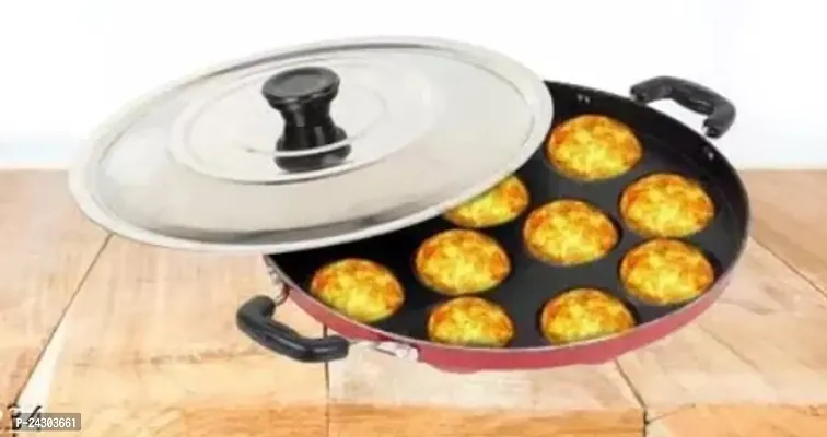 BIGWIN 12Cavities Non Stick Appam Patra with Lid and Side Handle/AppamPan/AppamMaker/PanCake/idali Maker/idliPankadai/litti maker/Pancake/Paniarakkal 1L capacity 21cm diameter