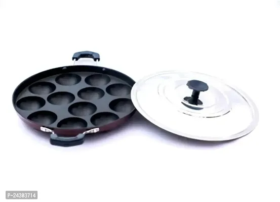 BIGWIN 12Cavities Non Stick Appam Patra with Lid and Side Handle/AppamPan/AppamMaker/PanCake/idali Maker/idliPankadai/litti maker/Pancake/Paniarakkal 1L capacity 21cm diameter