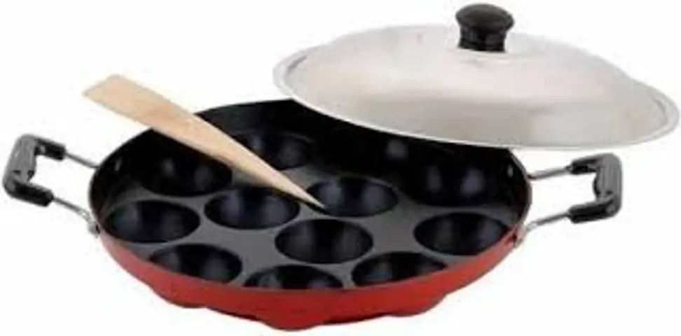 BIGWIN 12Cavities Non Stick Appam Patra with Lid and Side Handle/AppamPan/AppamMaker/PanCake/idali Maker/idliPankadai/litti maker/Pancake/Paniarakkal 1L capacity 21cm diameter