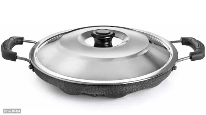 BIGWIN 12Cavities Non Stick Appam Patra with Lid and Side Handle/AppamPan/AppamMaker/PanCake/idali Maker/idliPankadai/litti maker/Pancake/Paniarakkal 1L capacity 21cm diameter