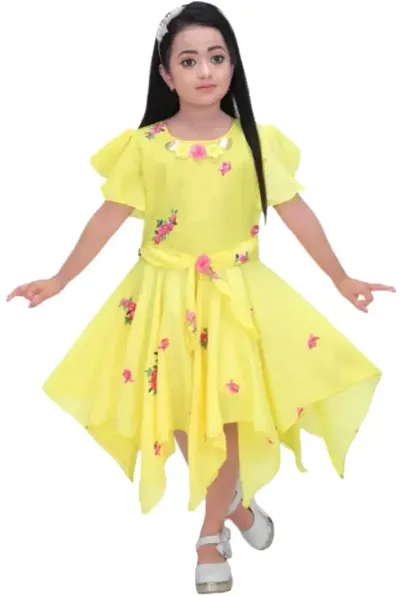 Unique Fashion Girls Blend Midi Floral Frock Dress (Yellow, 9-10 Years)