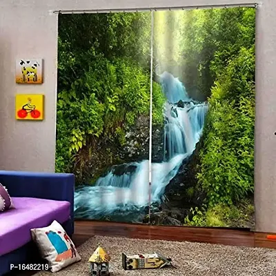 BSJ 3D Scenery Waterfall Digital Printed Polyester Fabric Curtains for Bed Room Kids Room Living Room Color Green Window/Door/Long Door (D.N.471)