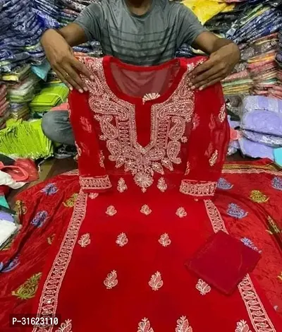 Reliable Red Georgette Chikankari Kurta with Inner For Women