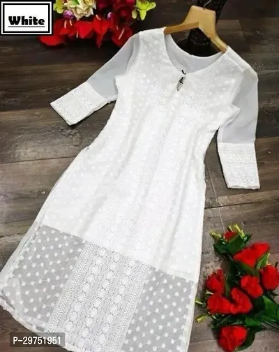 Stylish White Georgette Chikankari Kurta For Women-thumb0