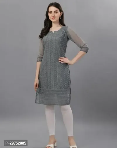 Stylish Grey Georgette Chikankari Kurta For Women-thumb0