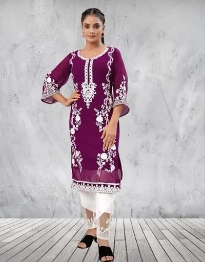 Stylish Georgette Straight Embroidery Kurta With Bottom Set