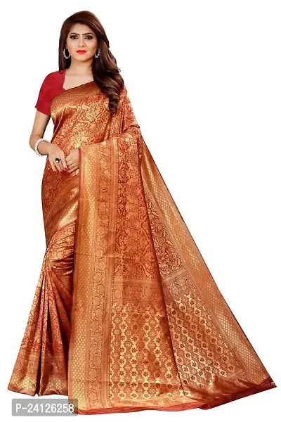 FASHION WRAP Banarasi Silk Saree for Women Traditional Zari work Saree Kanjivaram Banarasi Silk Saree For Wedding, Partywear, Festivals or Any Occasion (Orange)-thumb0