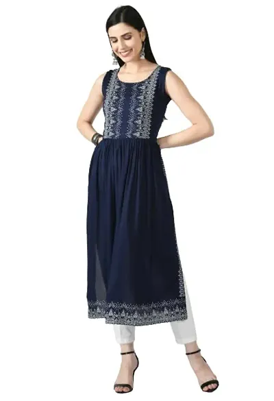 VELKEL Women Regular Soft Rayon Sleeve Less Long Kurti