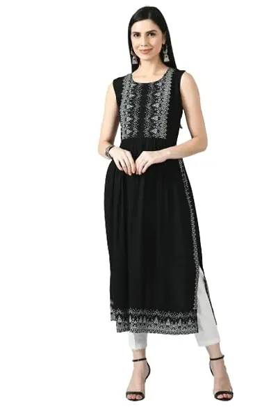 VELKEL Women Regular Soft Rayon Sleeve Less Long Kurti