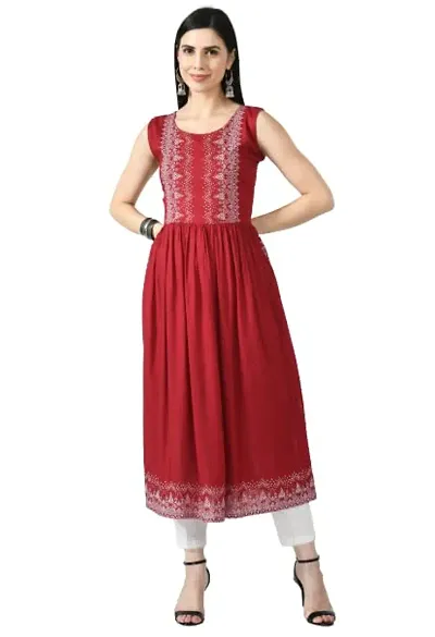 VELKEL Women Regular Soft Rayon Sleeve Less Long Kurti