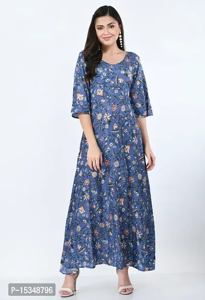 Floral Rayon Fit and Flare Maxi Dress with V-Neck and Half Flared Sleeves