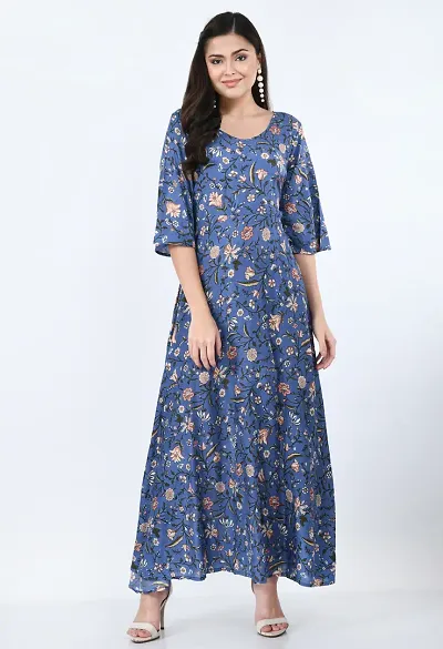 Floral Rayon Fit and Flare Maxi Dress with V-Neck and Half Flared Sleeves