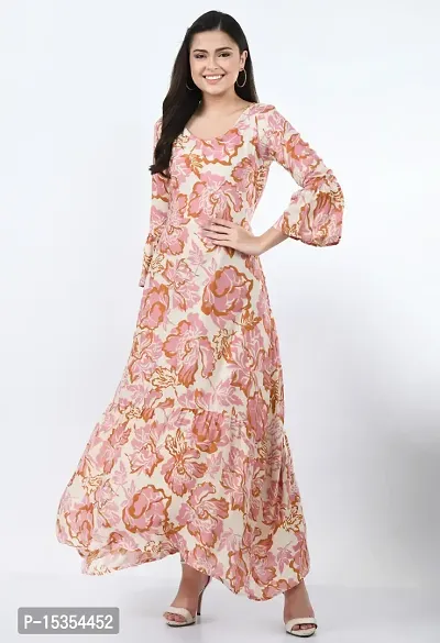 Floral Rayon Fit and Flare Maxi Dress with V-Neck and Three Quarter Flared Sleeves
