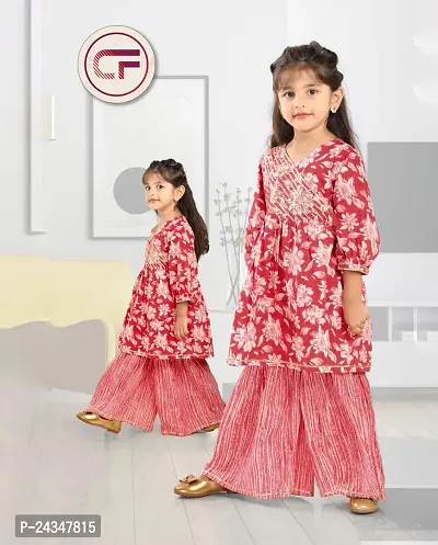 Cotton Flower Printed Baby Girl Red Color Kurti With Palazzo