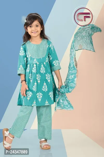 Cotton Flower Printed Baby Girl Blue Color Kurti With Palazzo And Dupatta