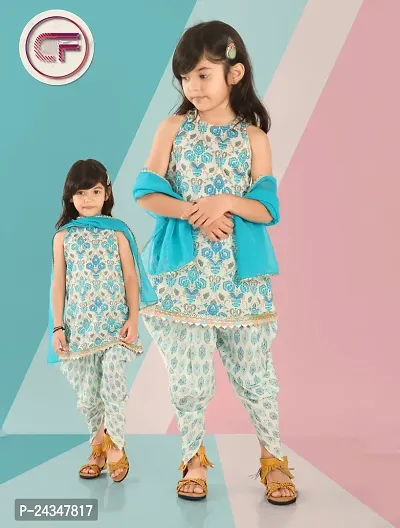 Printed Baby Girl Sky Blue Color Kurti With And Dupatta-thumb0