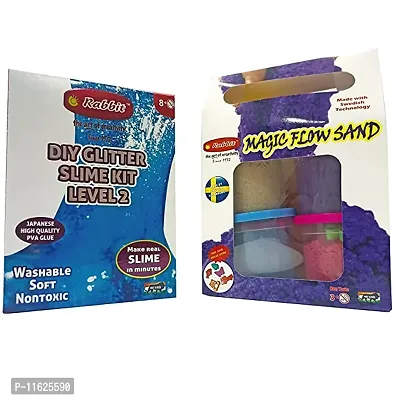 Rabbit Diy Glitter Slime Kit Level 2With Gift Pack Magic Flow Sand 500G Combo, Slime Making Kit For Kids Make Slime At Home Non ToxicAndChild Friendly, Sand With 20 Toys, Sand For Kids Multicolor 8With